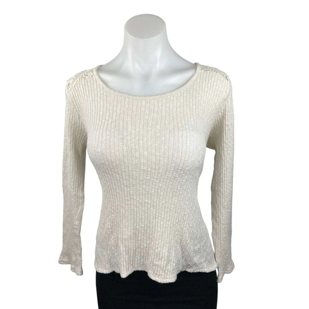 Alya White Crochet Lace Back Long Sleeve Ribbed Crew Neck Pullover Sweater Sz M