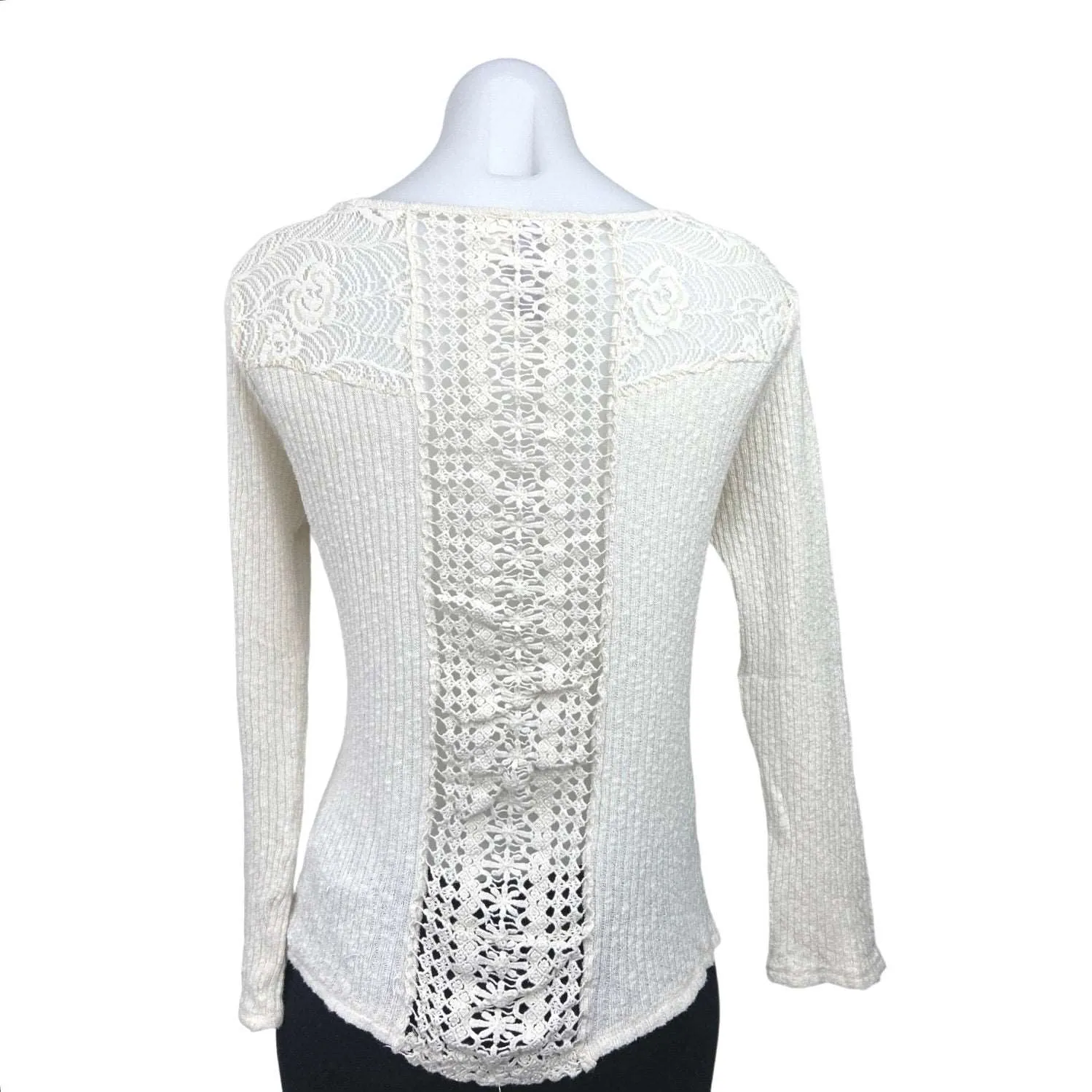 Alya White Crochet Lace Back Long Sleeve Ribbed Crew Neck Pullover Sweater Sz M