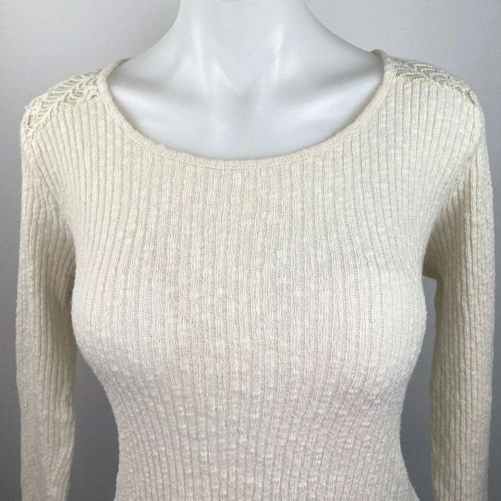 Alya White Crochet Lace Back Long Sleeve Ribbed Crew Neck Pullover Sweater Sz M