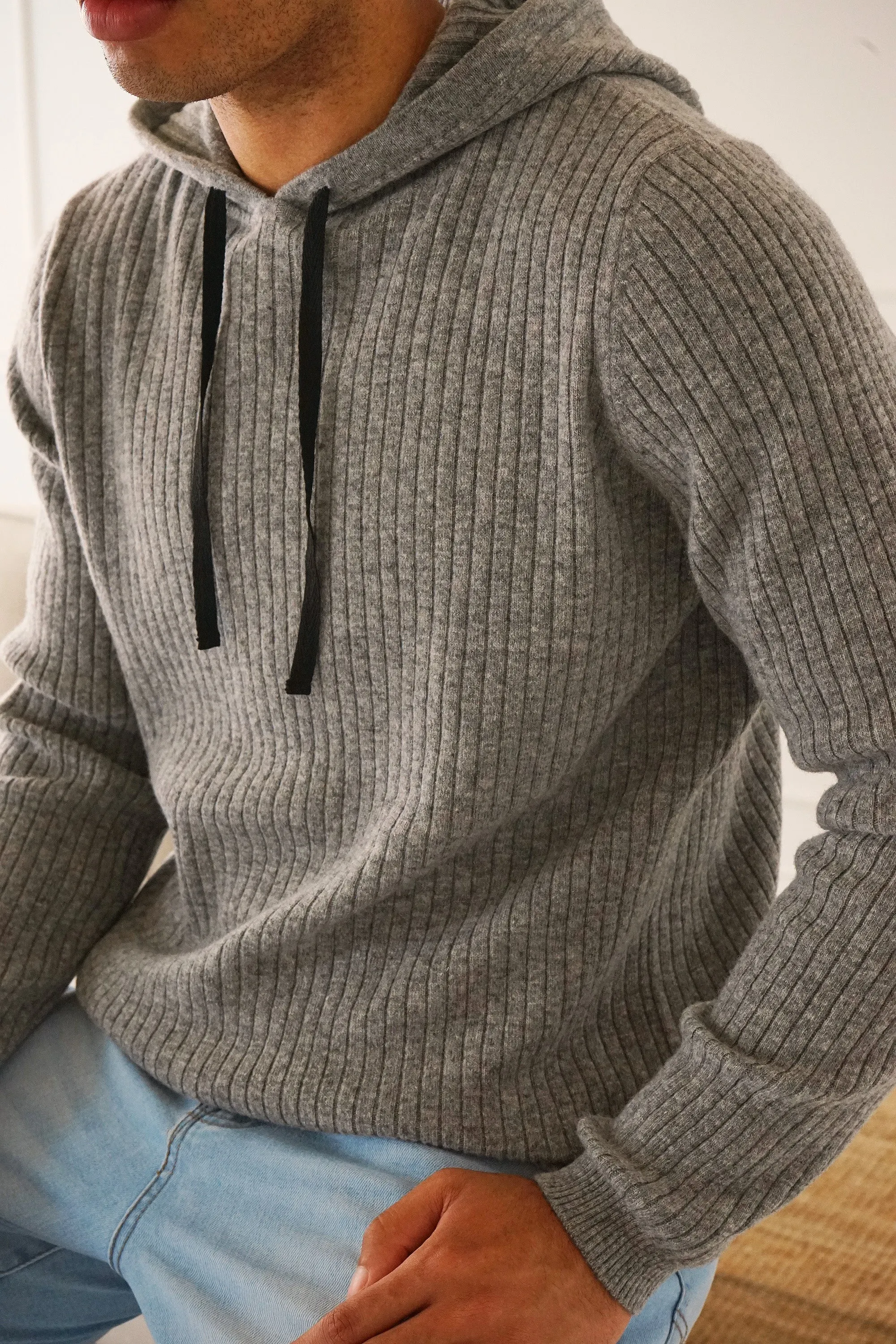 Austin Ribbed Knit Light Grey Hoodie