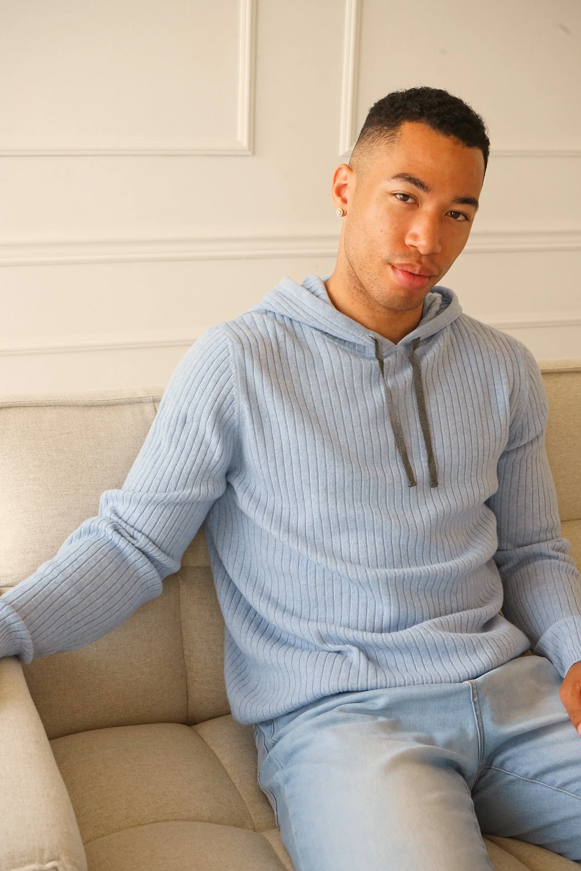 Austin Ribbed Knit Pale Blue Hoodie