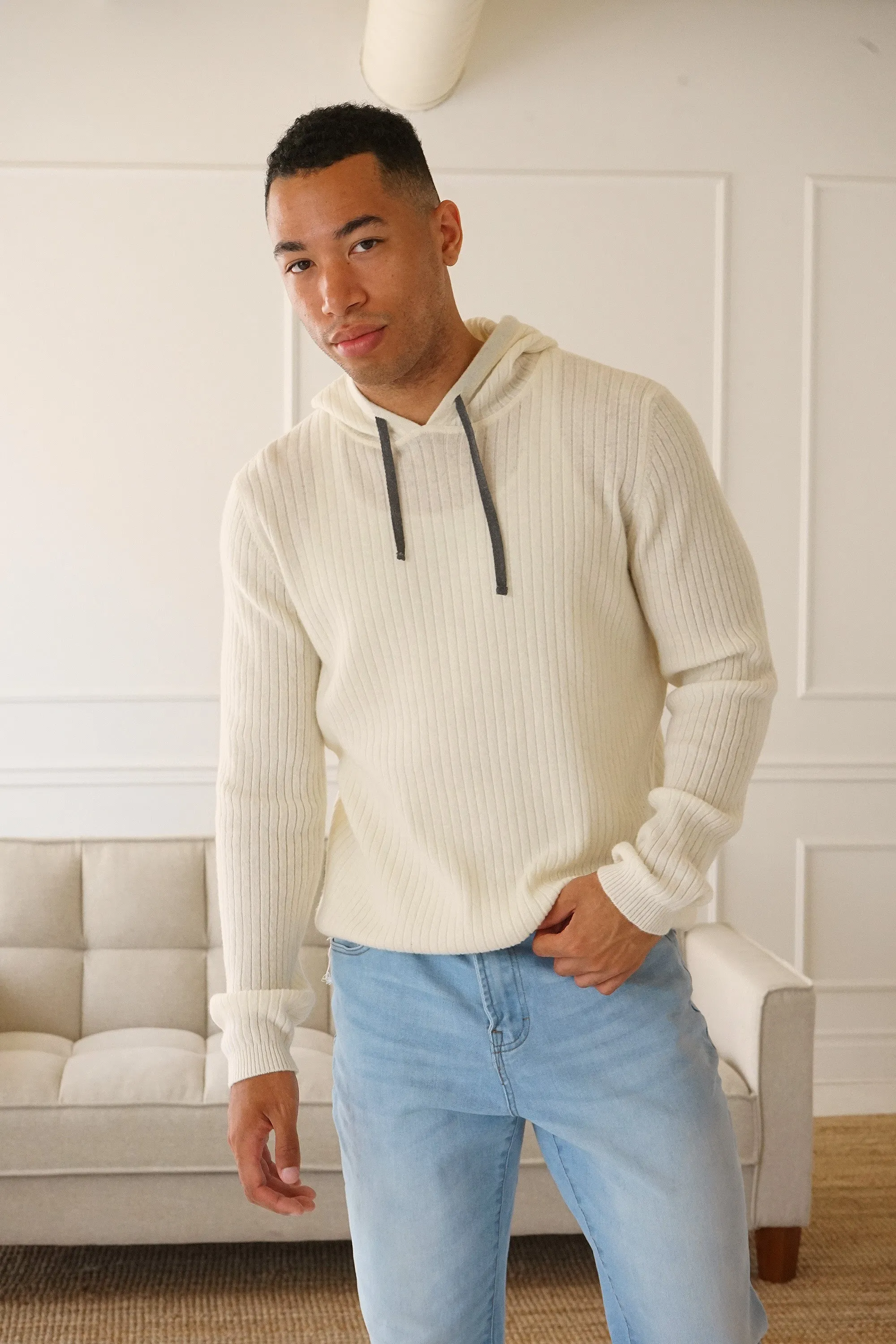 Austin Ribbed Knit White Hoodie