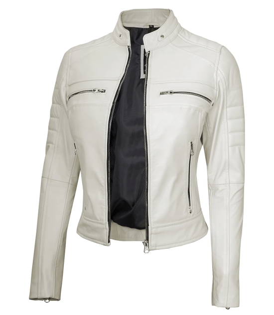 Austin Women's Off White Cafe Racer Biker Real Leather Jacket