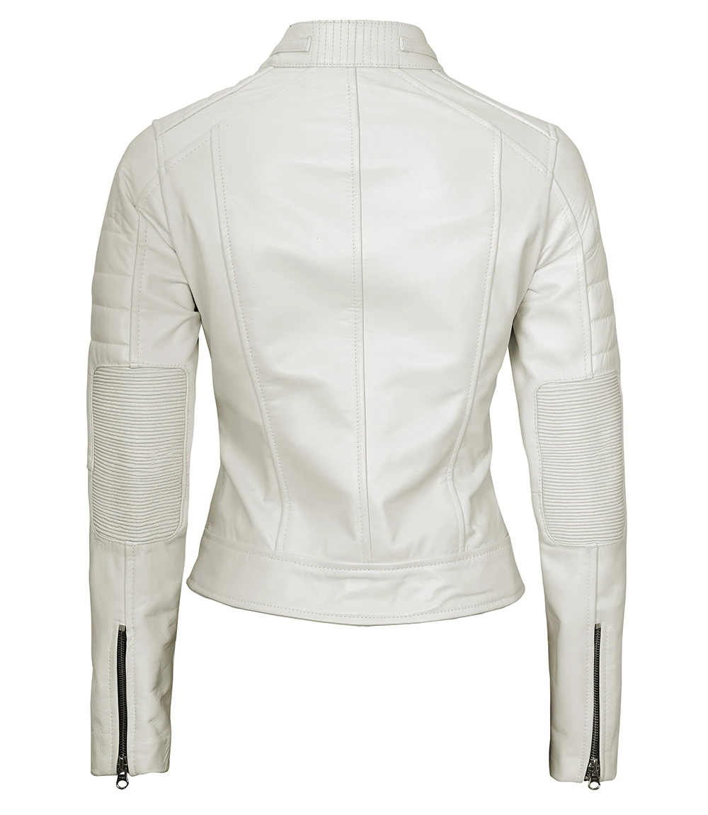 Austin Women's Off White Cafe Racer Biker Real Leather Jacket