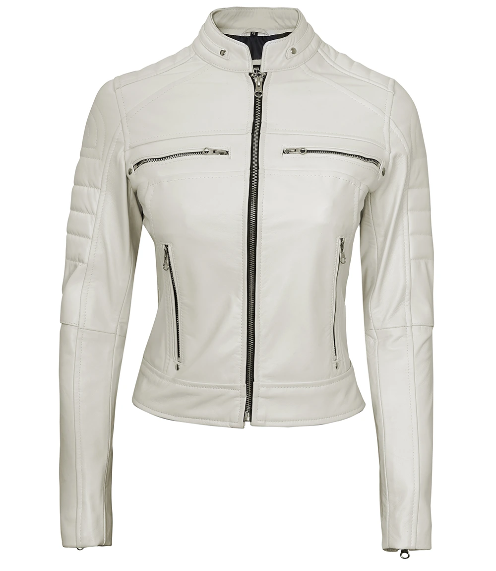 Austin Women's Off White Cafe Racer Biker Real Leather Jacket