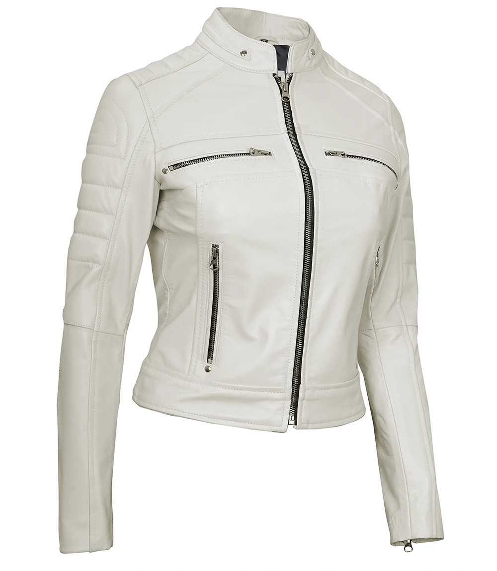 Austin Women's Off White Cafe Racer Biker Real Leather Jacket