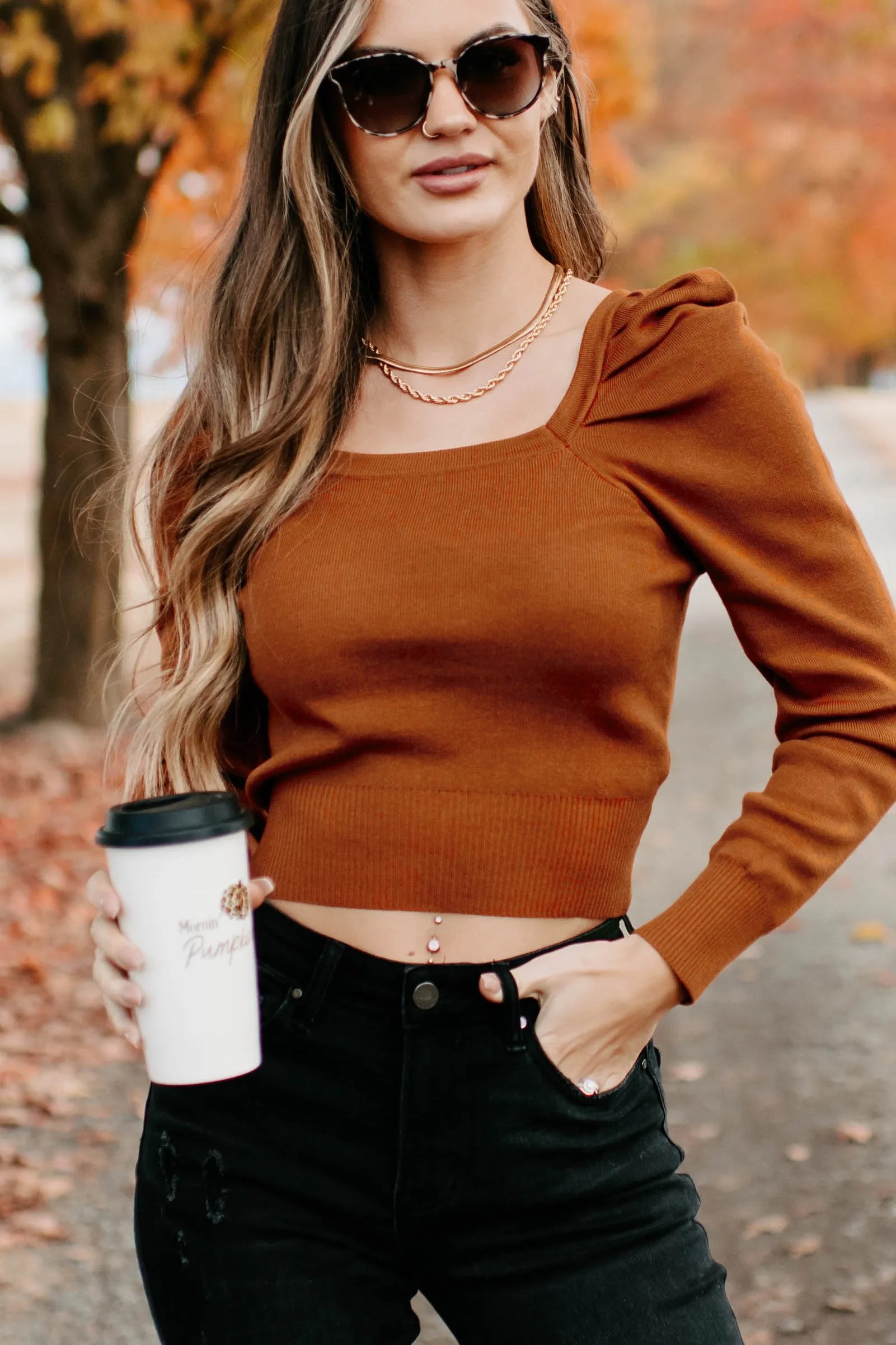 Autumn Esthetic Square Neck Sweater Top (Rust)