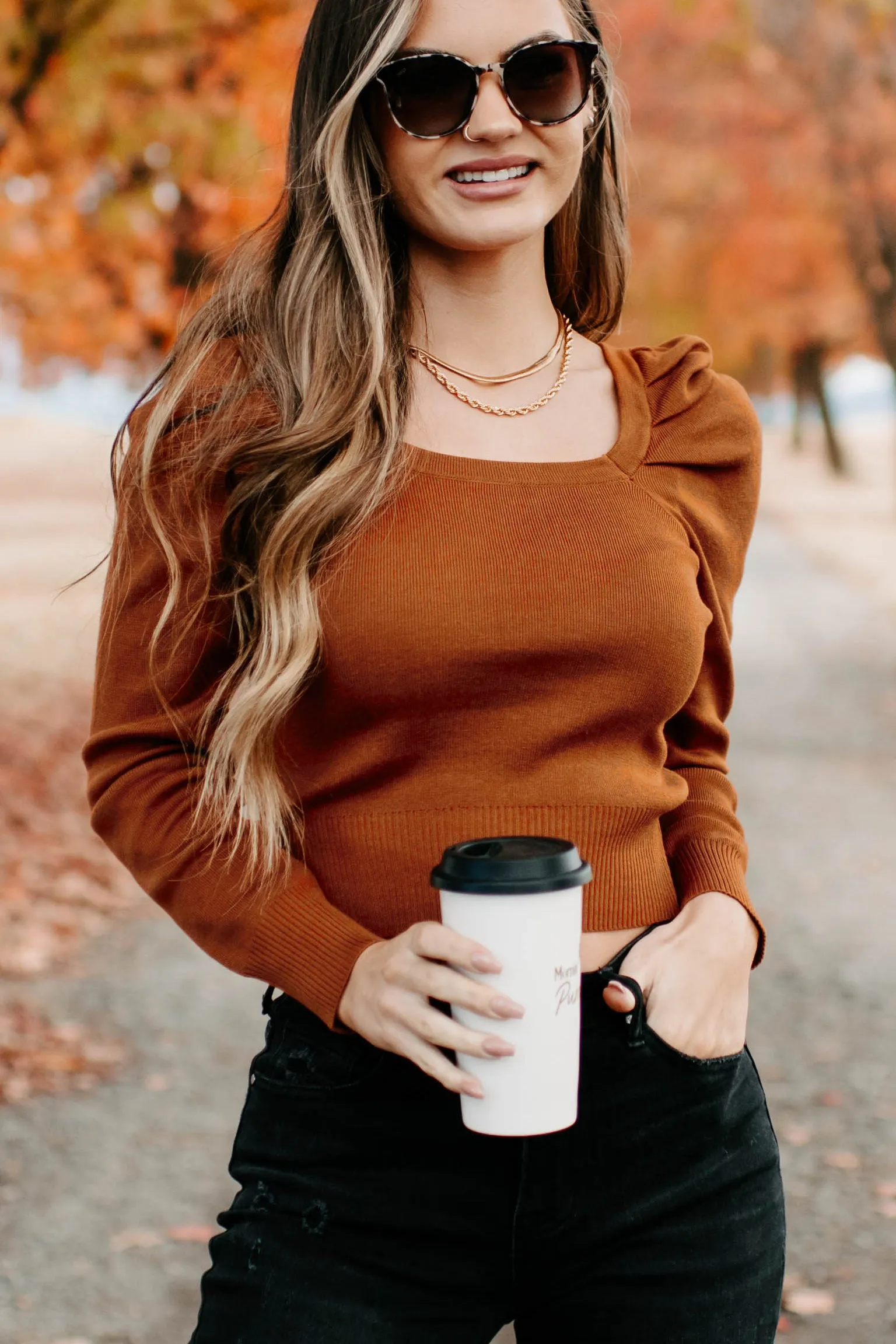 Autumn Esthetic Square Neck Sweater Top (Rust)