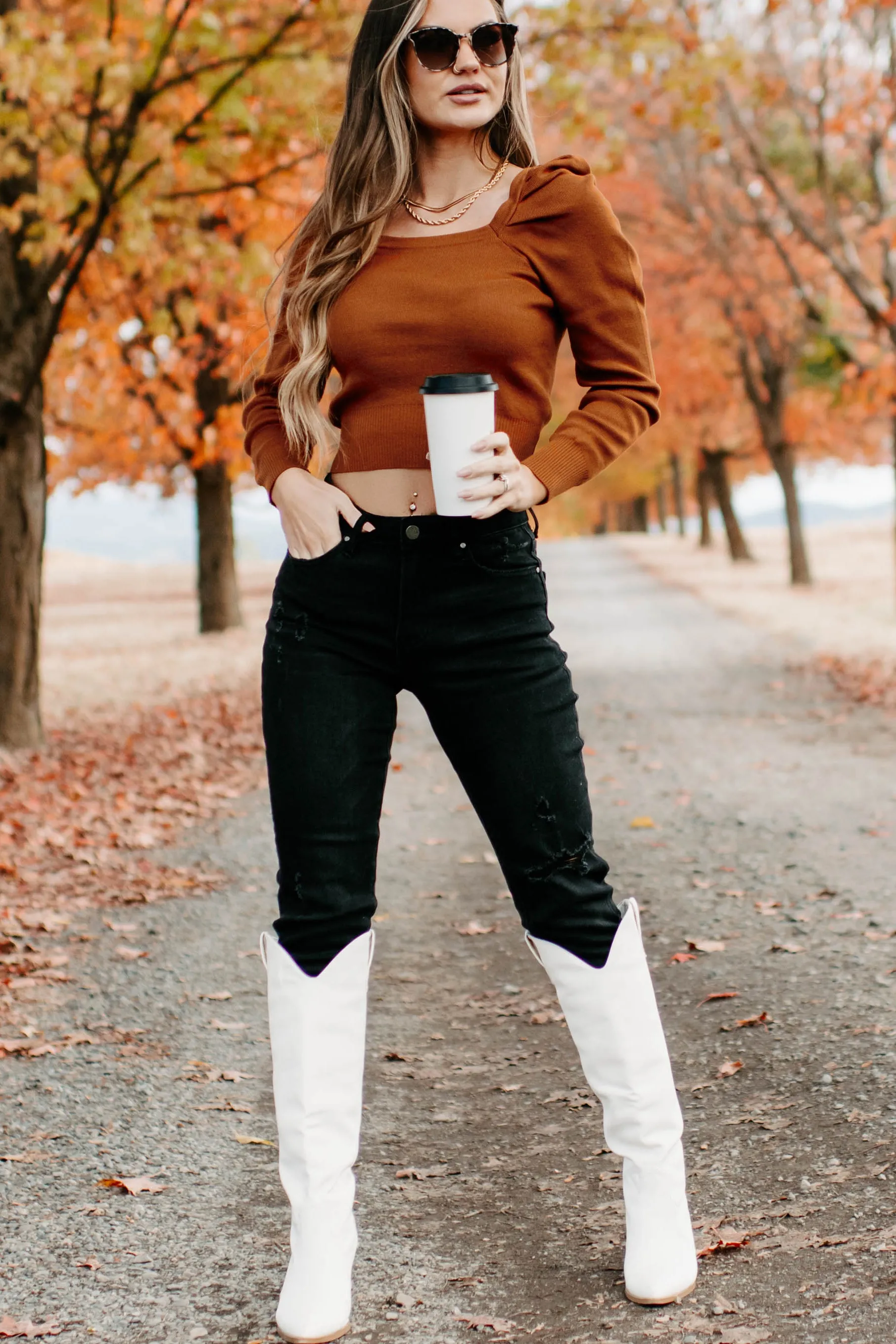 Autumn Esthetic Square Neck Sweater Top (Rust)