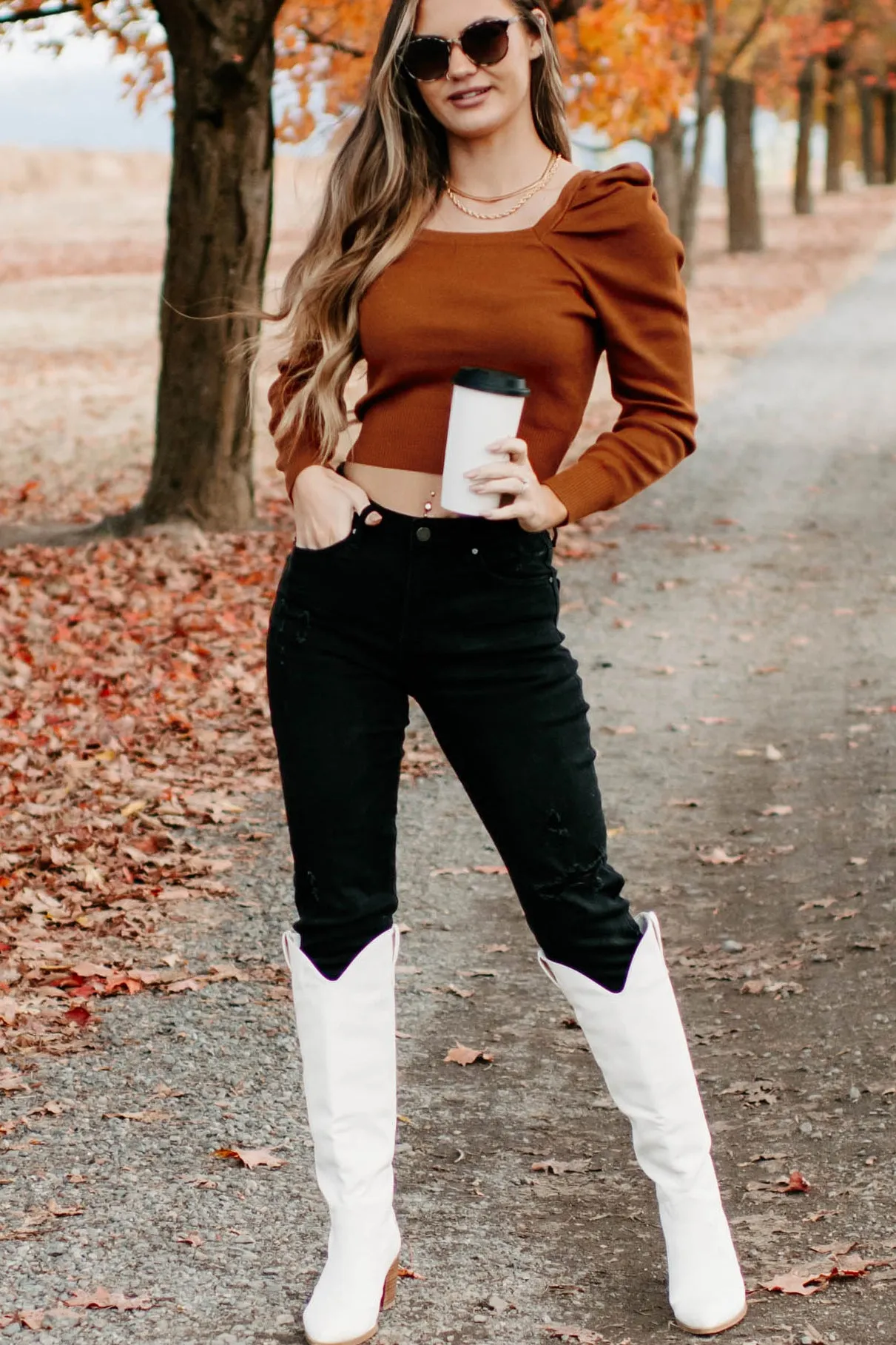 Autumn Esthetic Square Neck Sweater Top (Rust)