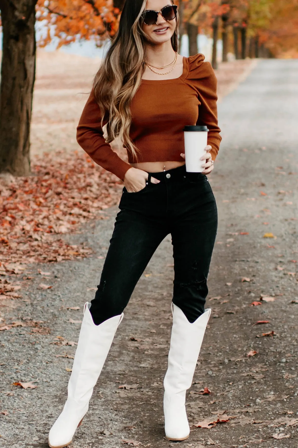 Autumn Esthetic Square Neck Sweater Top (Rust)