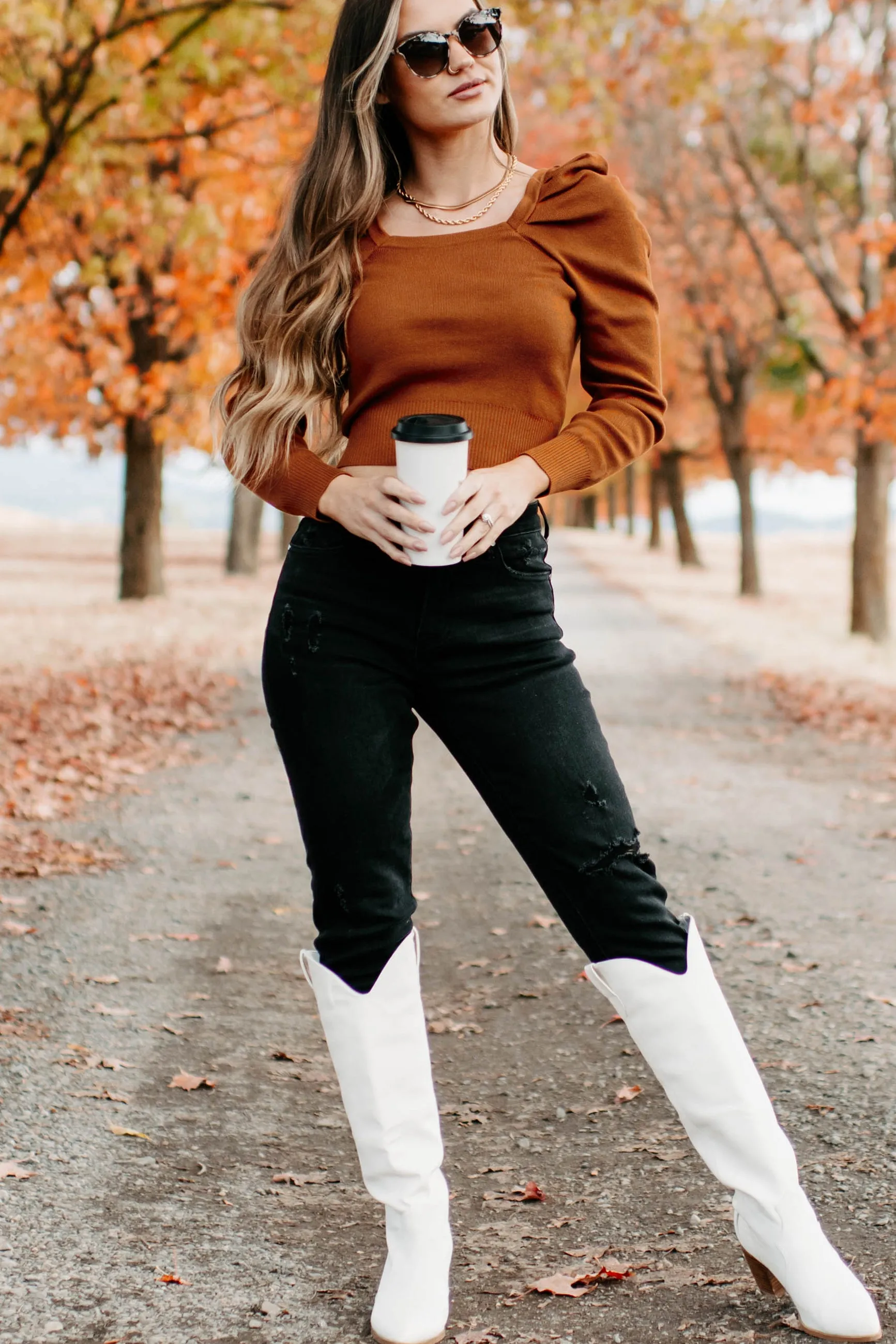 Autumn Esthetic Square Neck Sweater Top (Rust)