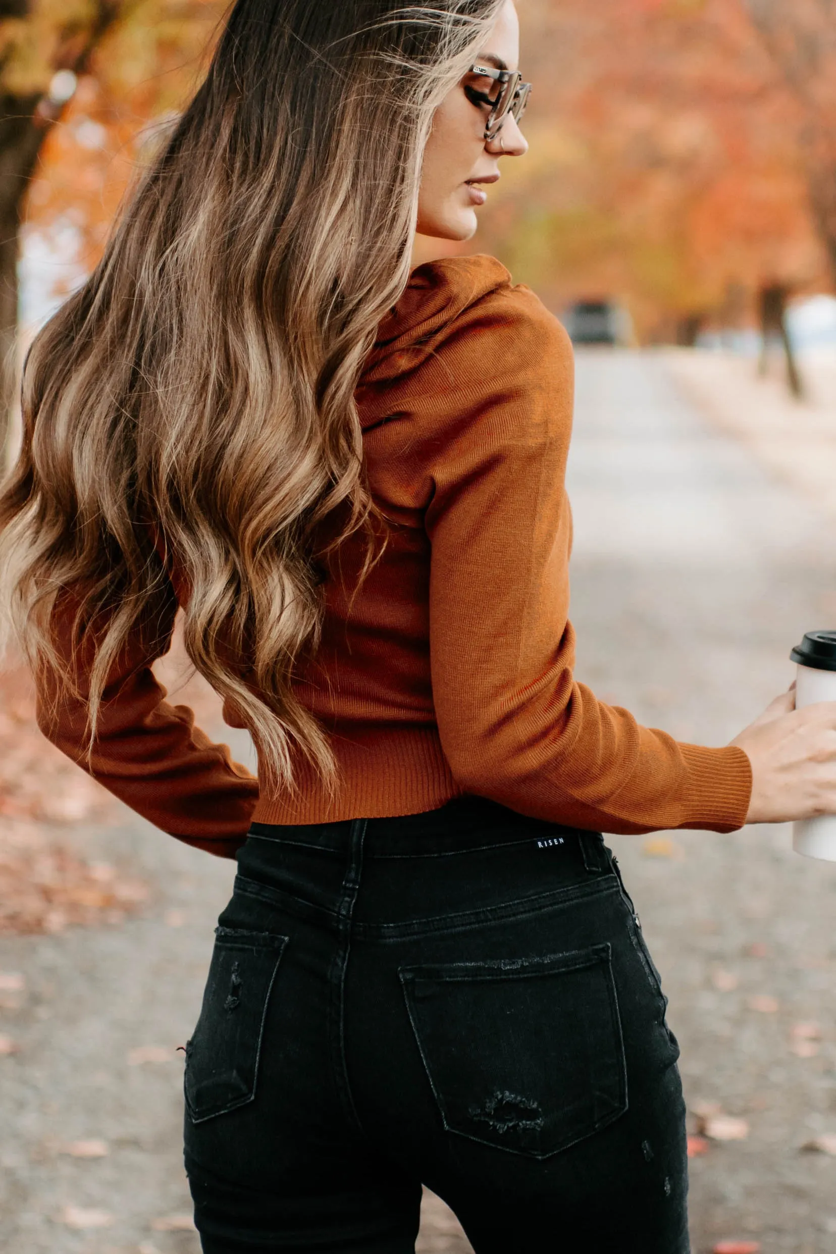 Autumn Esthetic Square Neck Sweater Top (Rust)