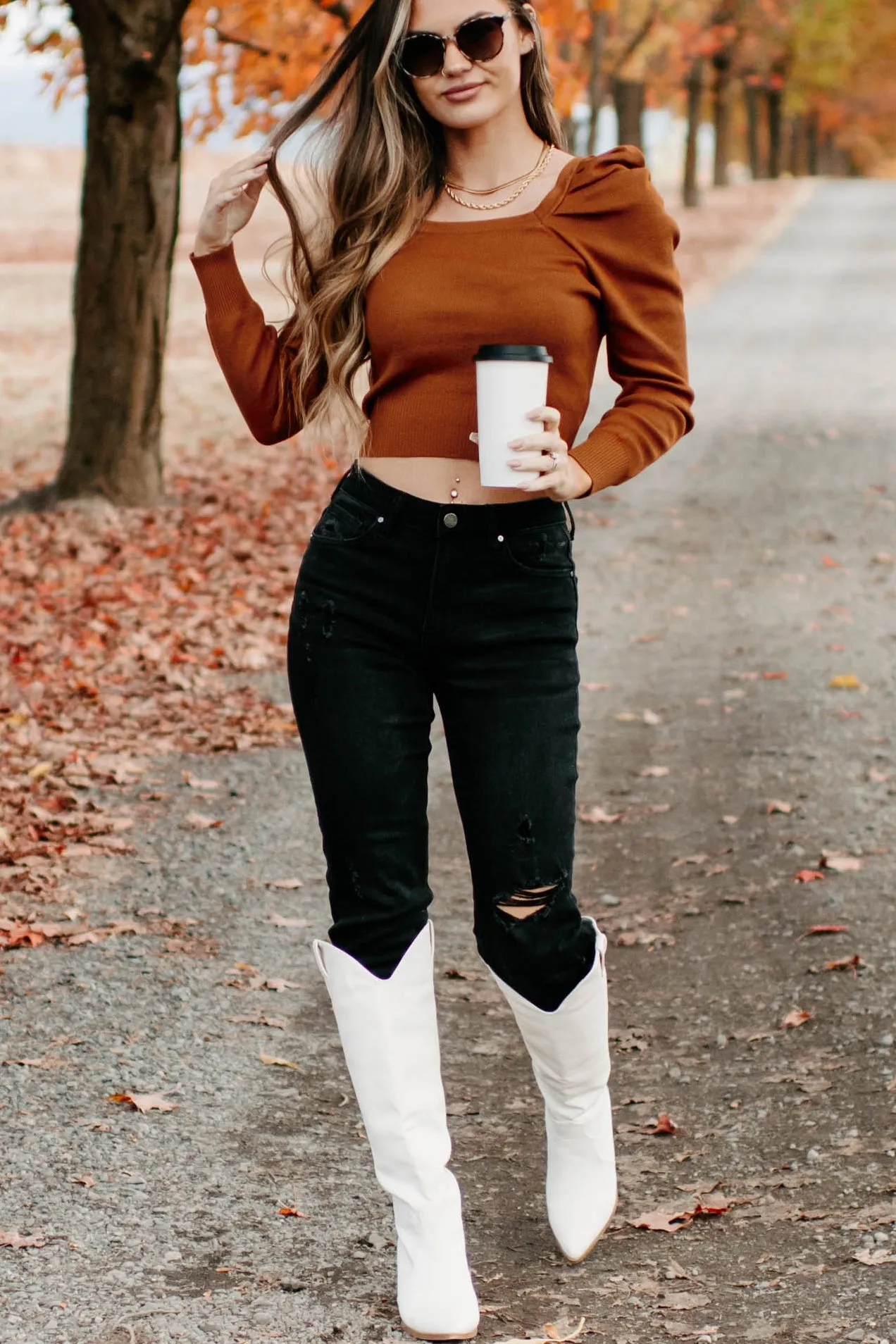 Autumn Esthetic Square Neck Sweater Top (Rust)