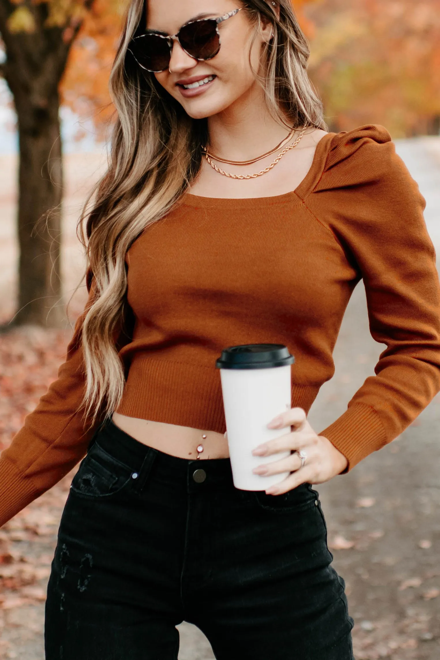 Autumn Esthetic Square Neck Sweater Top (Rust)