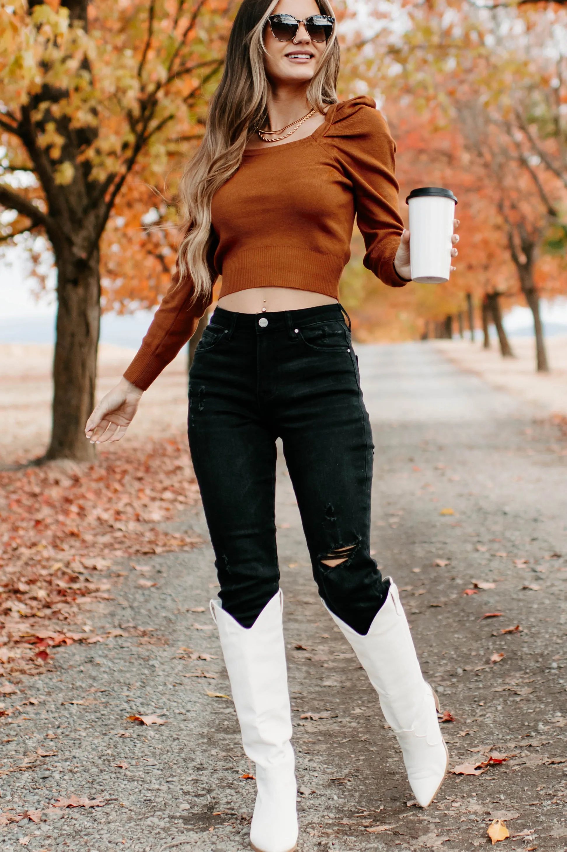 Autumn Esthetic Square Neck Sweater Top (Rust)