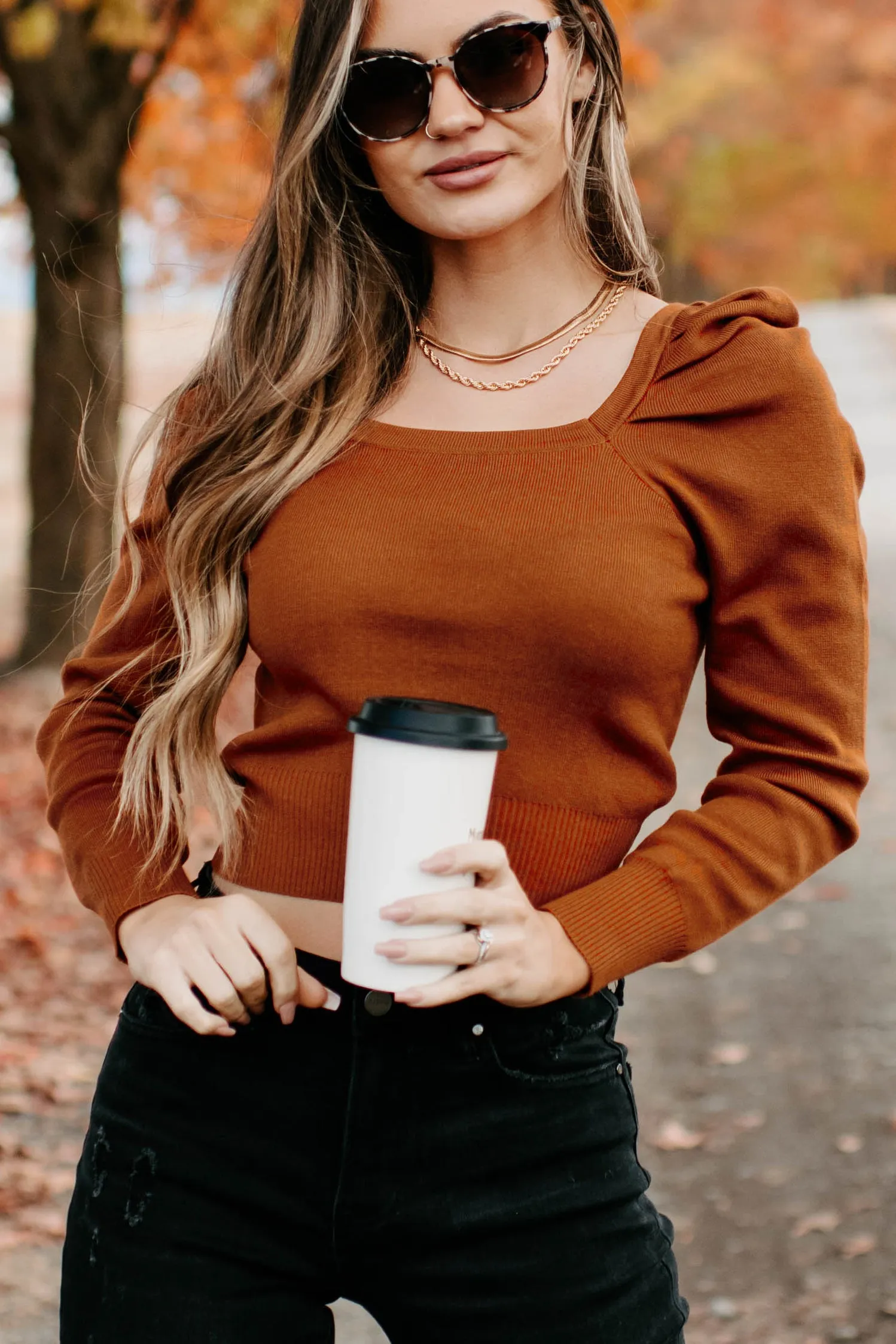 Autumn Esthetic Square Neck Sweater Top (Rust)