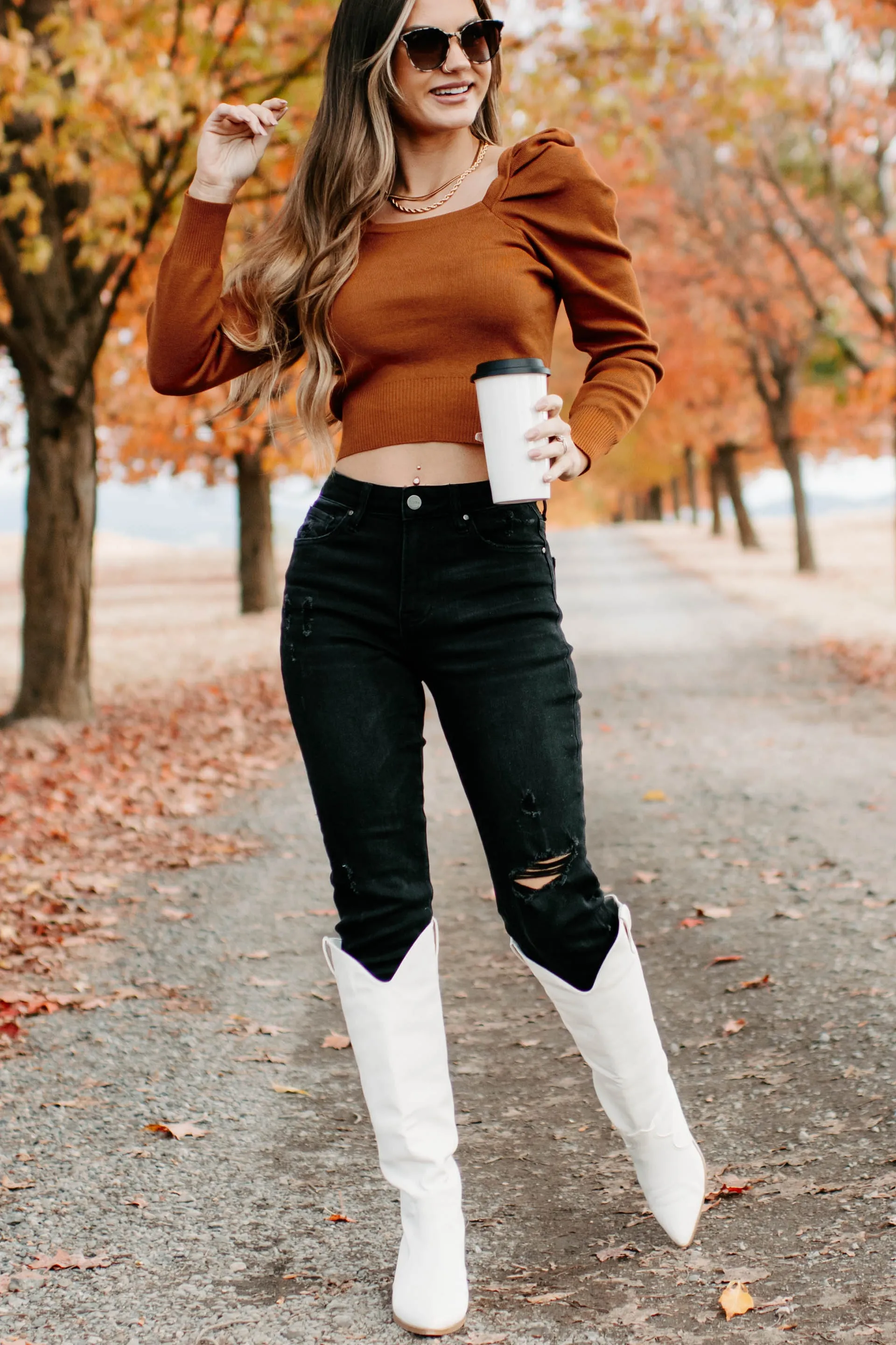 Autumn Esthetic Square Neck Sweater Top (Rust)