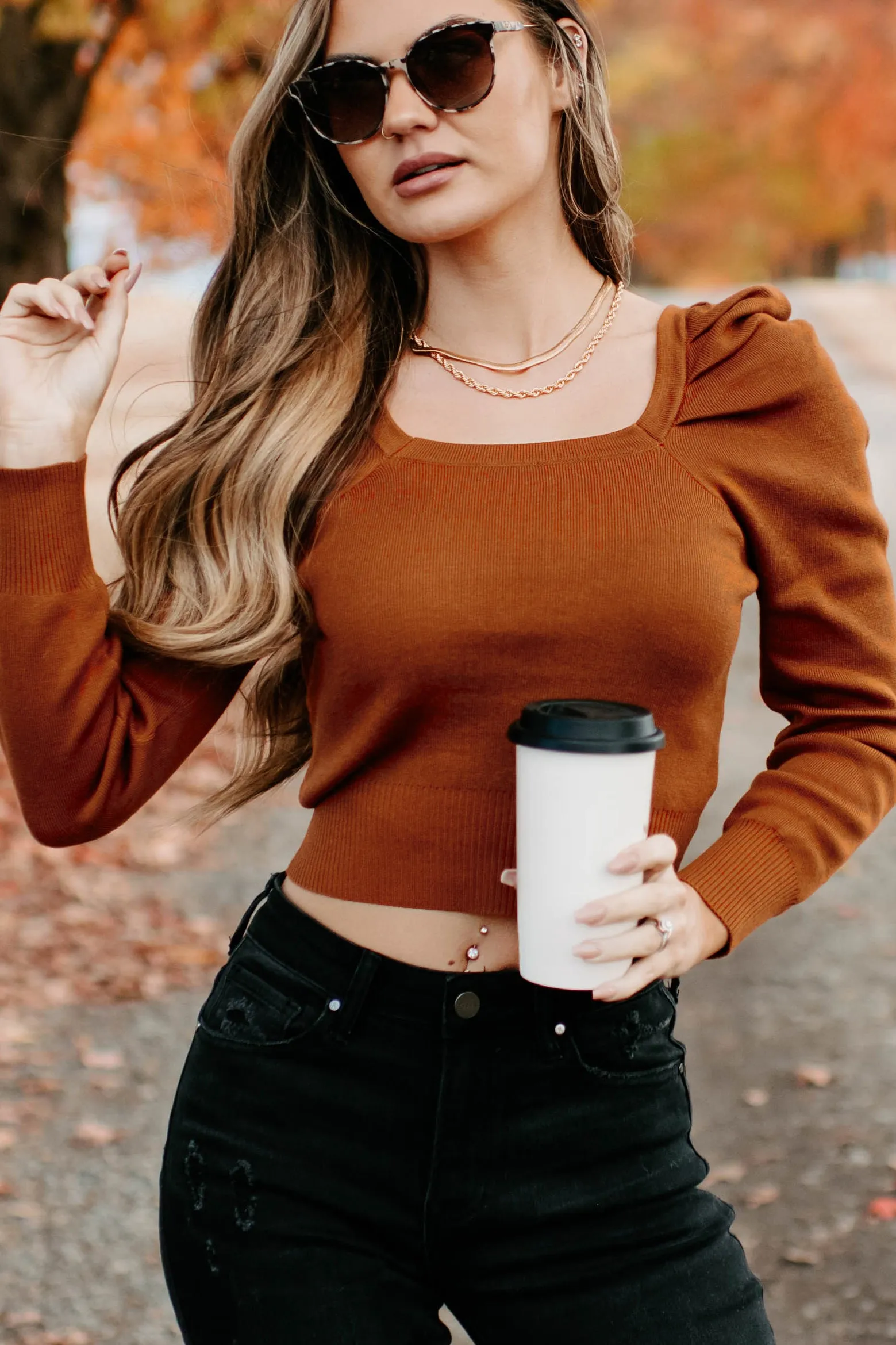 Autumn Esthetic Square Neck Sweater Top (Rust)