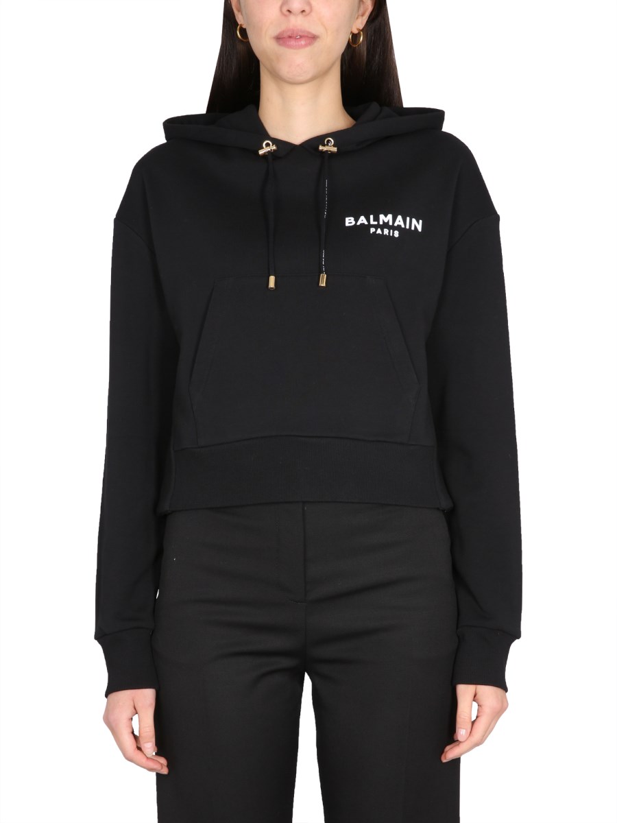 BALMAIN    COTTON SWEATSHIRT WITH FLOCKED LOGO