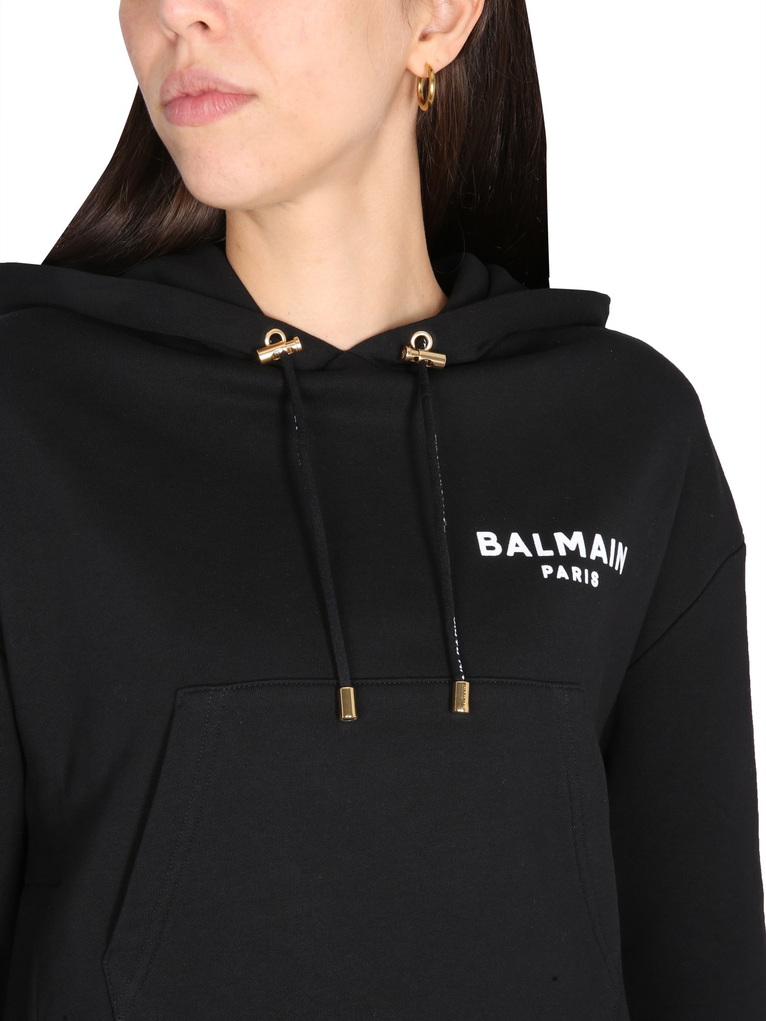 BALMAIN    COTTON SWEATSHIRT WITH FLOCKED LOGO