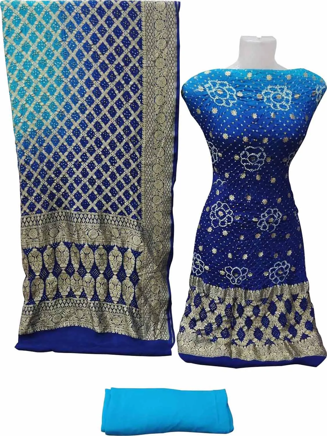 Blue Banarasi Bandhani Handloom Pure Georgette Three Piece Unstitched Suit Set: Traditional Elegance Redefined