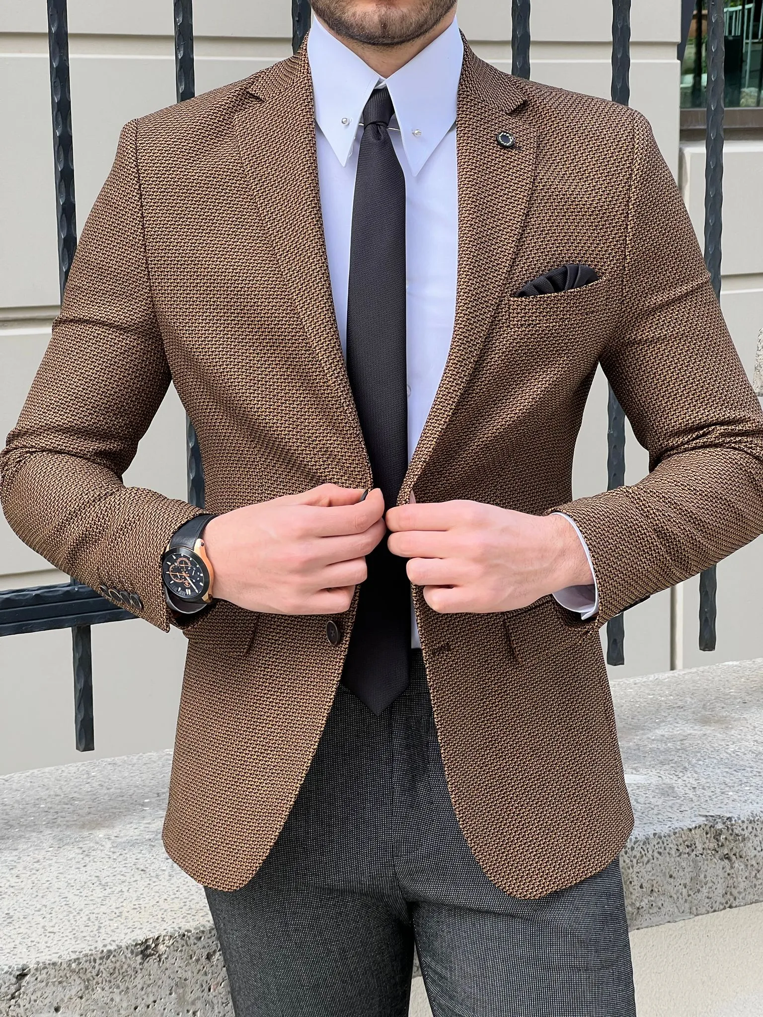 Bojoni Montebello Slim Fit High Quality Knitted Camel Blazer