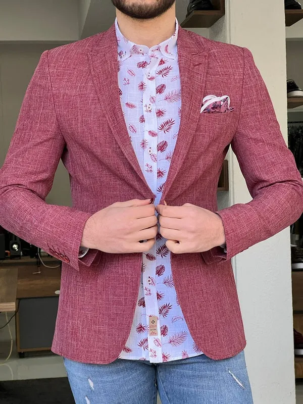 Bojoni Perris Red Slim Fit Peak Lapel Crosshatch Linen Blazer