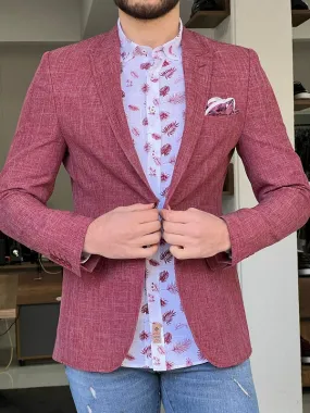 Bojoni Perris Red Slim Fit Peak Lapel Crosshatch Linen Blazer