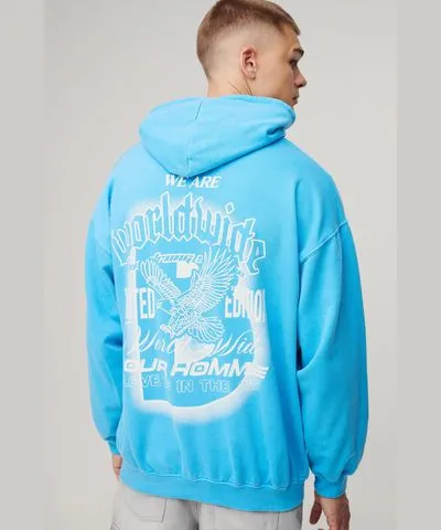 boohooMAN Mens Oversized Worldwide Eagle Graphic Washed Hoodie
