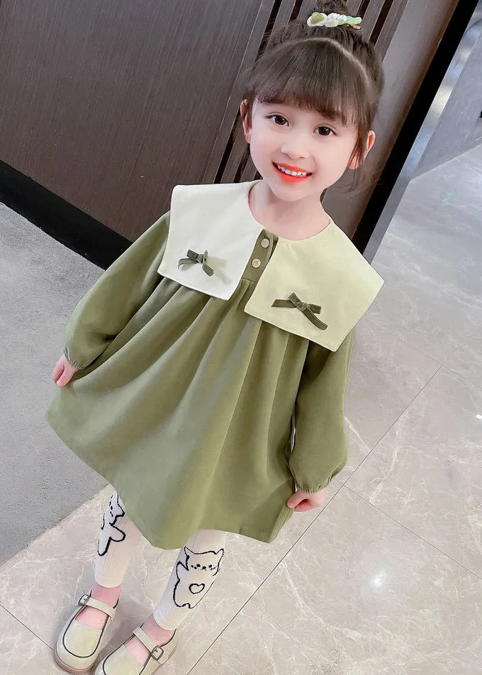 Boutique Green Sailor Collar Print Kids Mid Dresses Fall