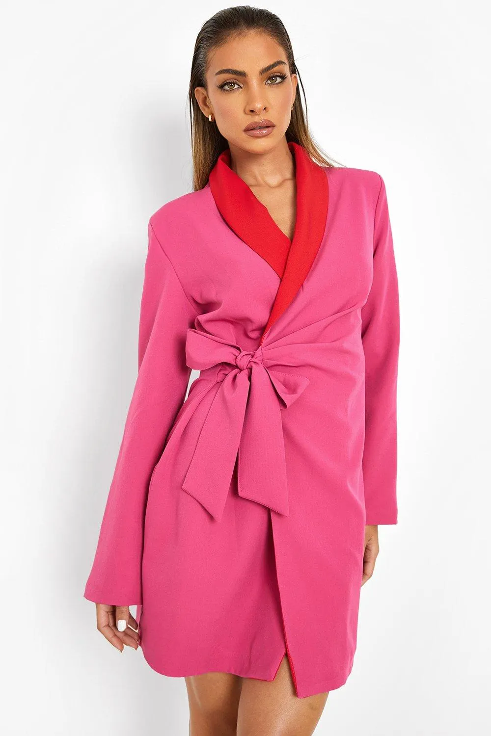 Contrast Collar Tie Side Blazer Dress