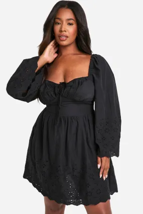 Dresses | Plus Woven Broderie Tie Detail Milkmaid Mini Dress | boohoo