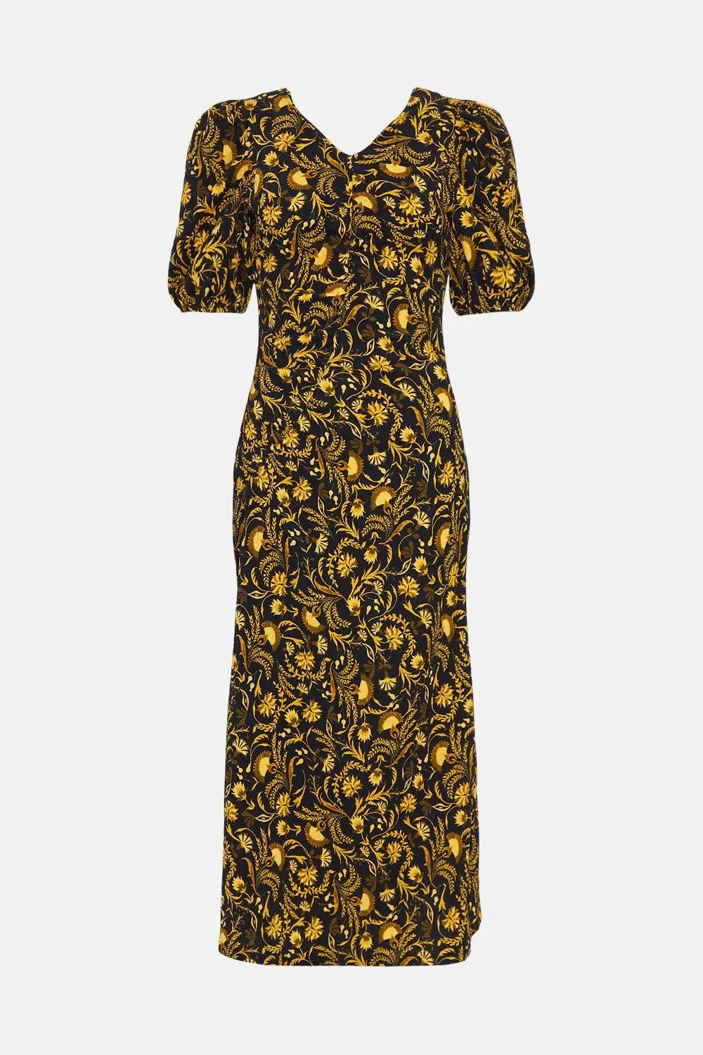 Dresses | Textured Floral Ruched Front Puff Sleeve Midi | Warehouse