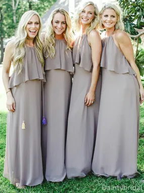 Elegant Halter Sleeveless Ruffle Backless Chiffon A-line Long Bridesmaid Dresses, BG346