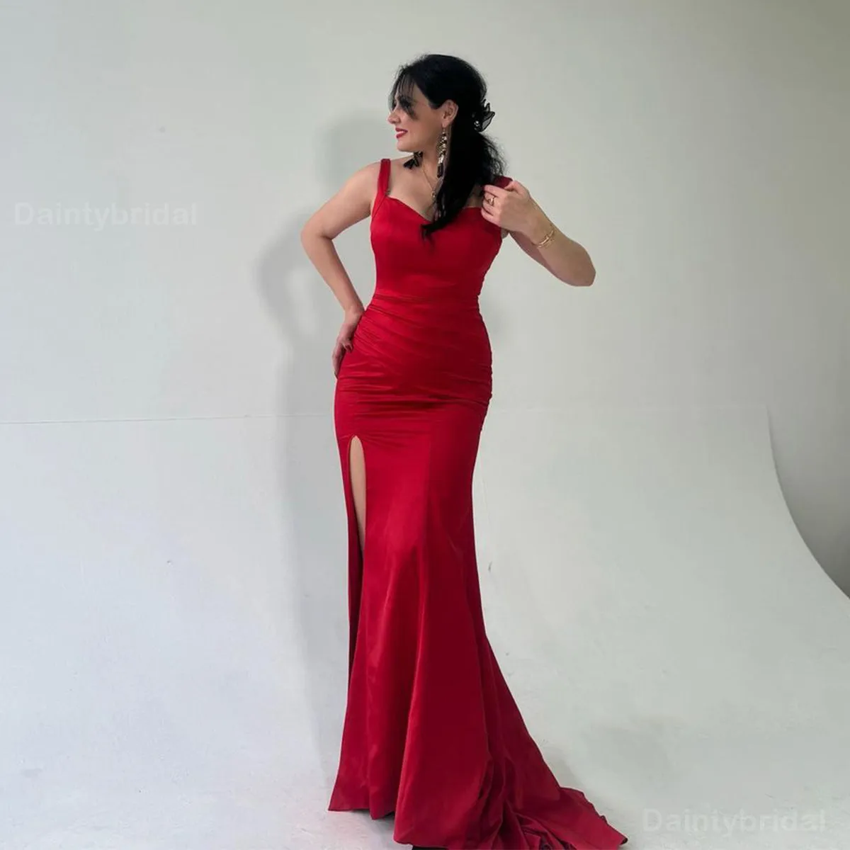 Elegant Mermaid Satin Red Side Slit Long Bridesmaid Dresses Online, BG766