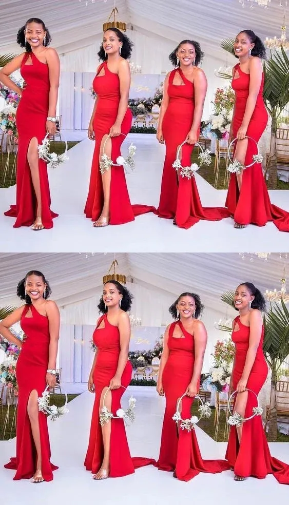 Elegant One Shoulder Mermaid Side Slit Jersey Red Bridesmaid Dresses Online, BG747