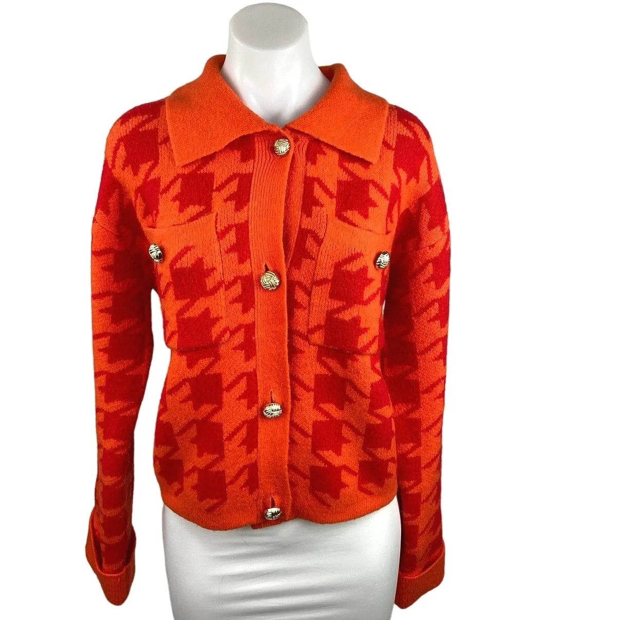 English Factory Orange Houndstooth Knitted Long Sleeve Button Cardigan Sweater L