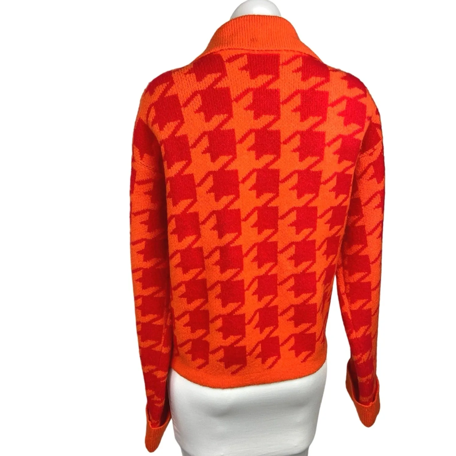 English Factory Orange Houndstooth Knitted Long Sleeve Button Cardigan Sweater L