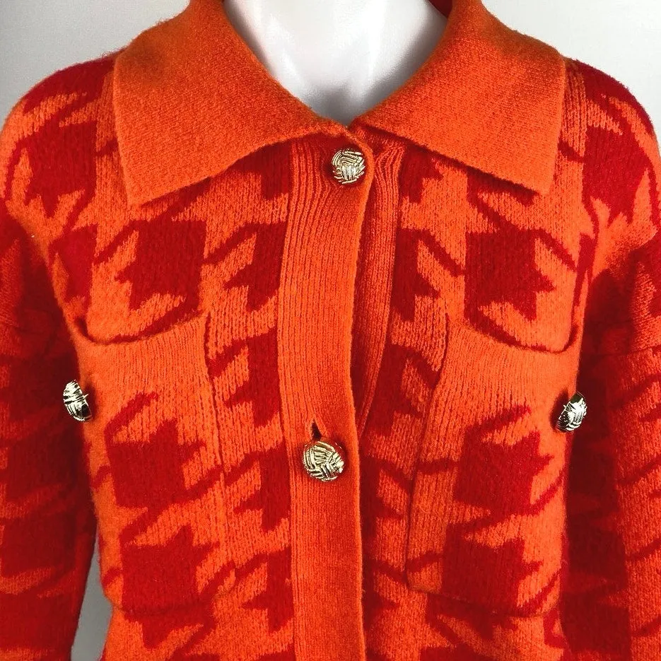 English Factory Orange Houndstooth Knitted Long Sleeve Button Cardigan Sweater L