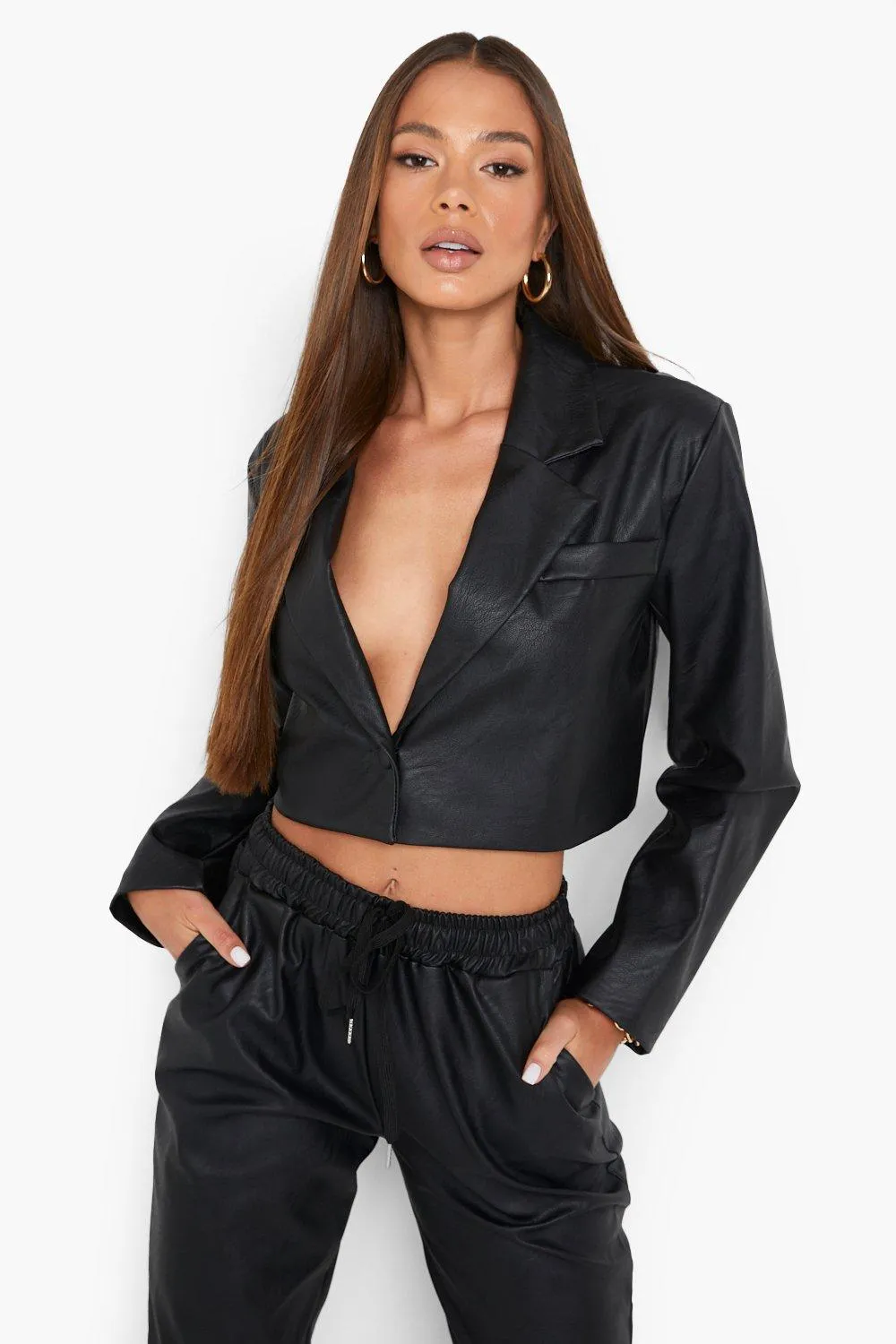 Faux Leather Cropped Blazer