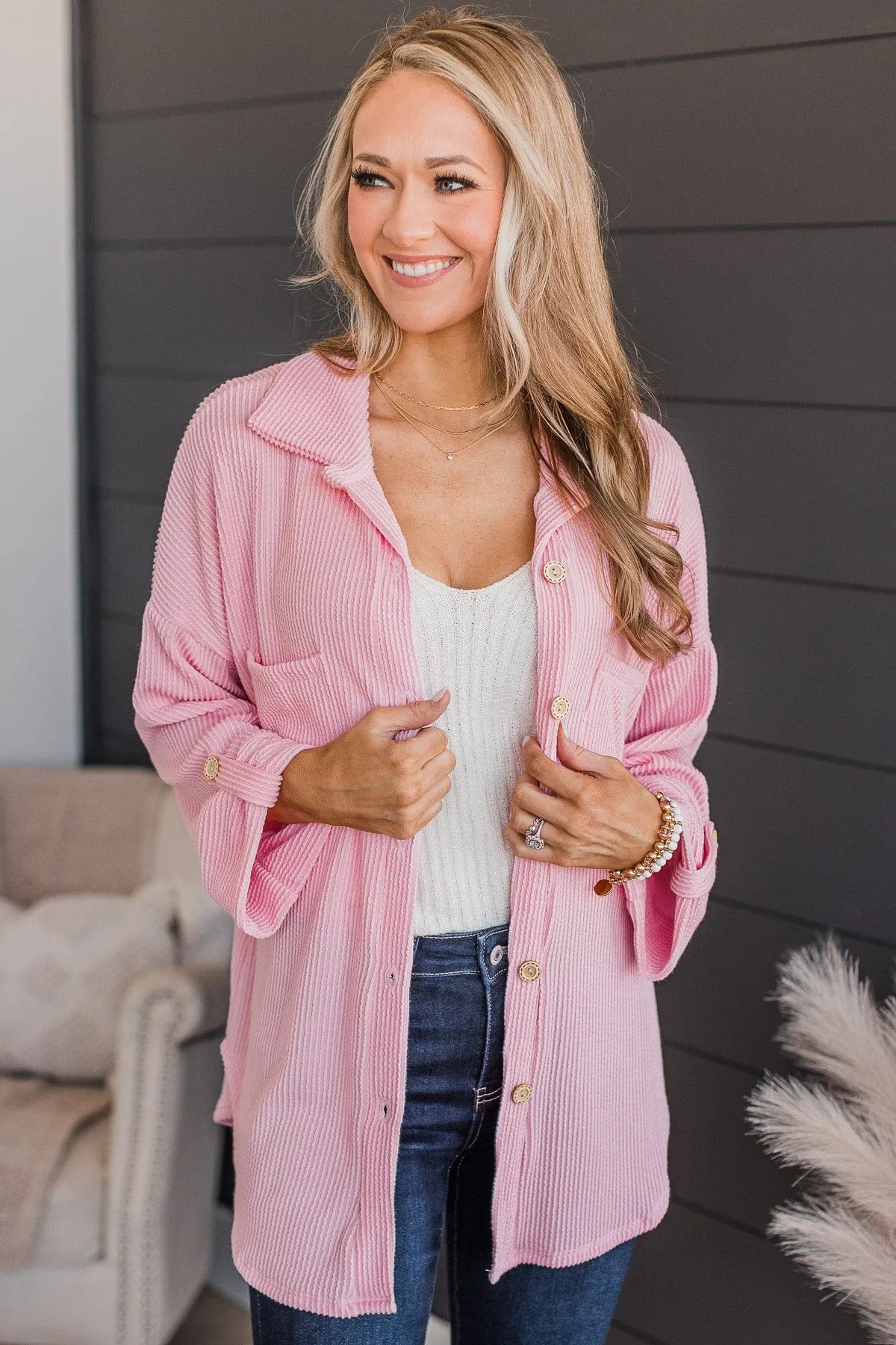 Feeling Bold Ribbed Knit Shirt Jacket- Pink