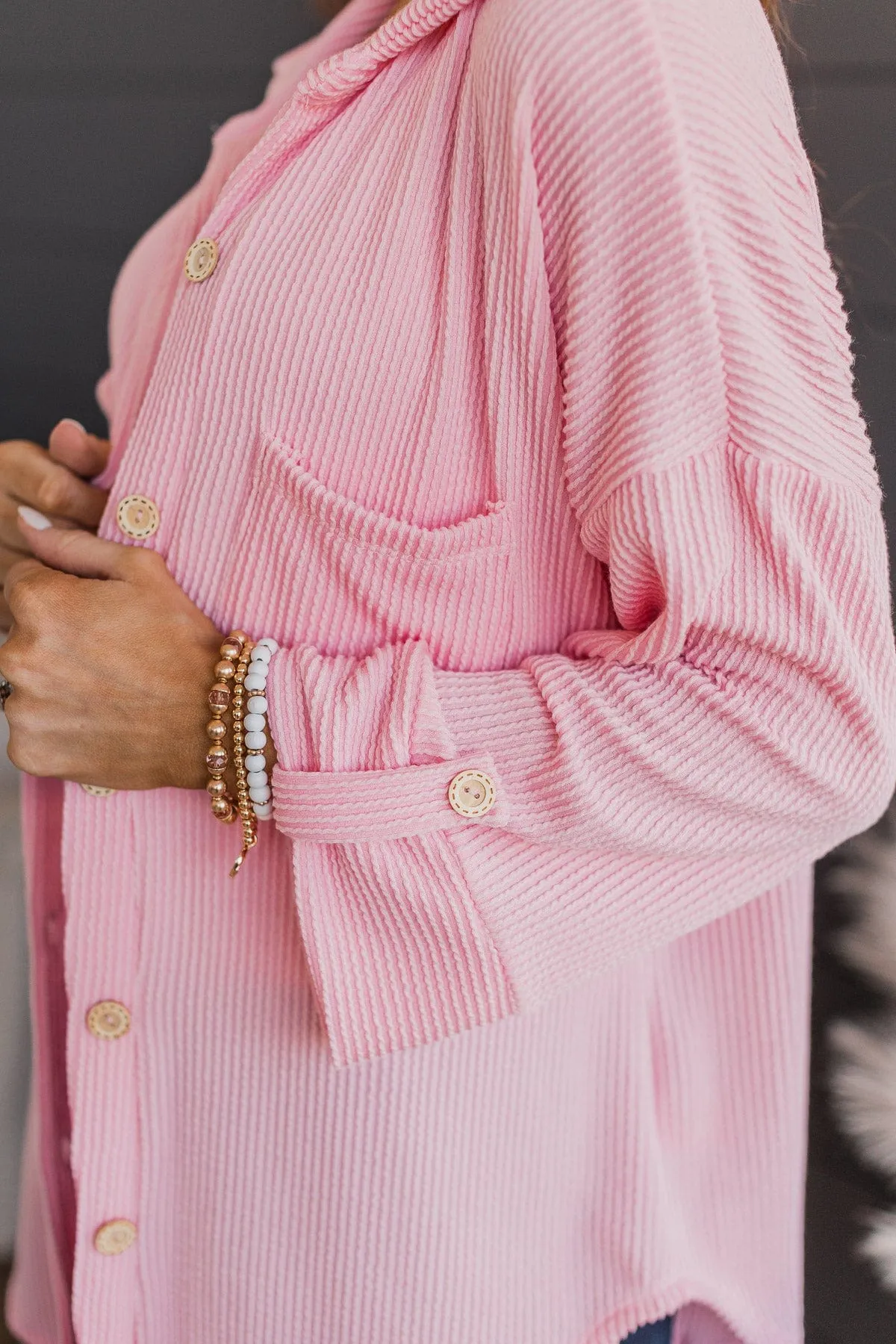 Feeling Bold Ribbed Knit Shirt Jacket- Pink