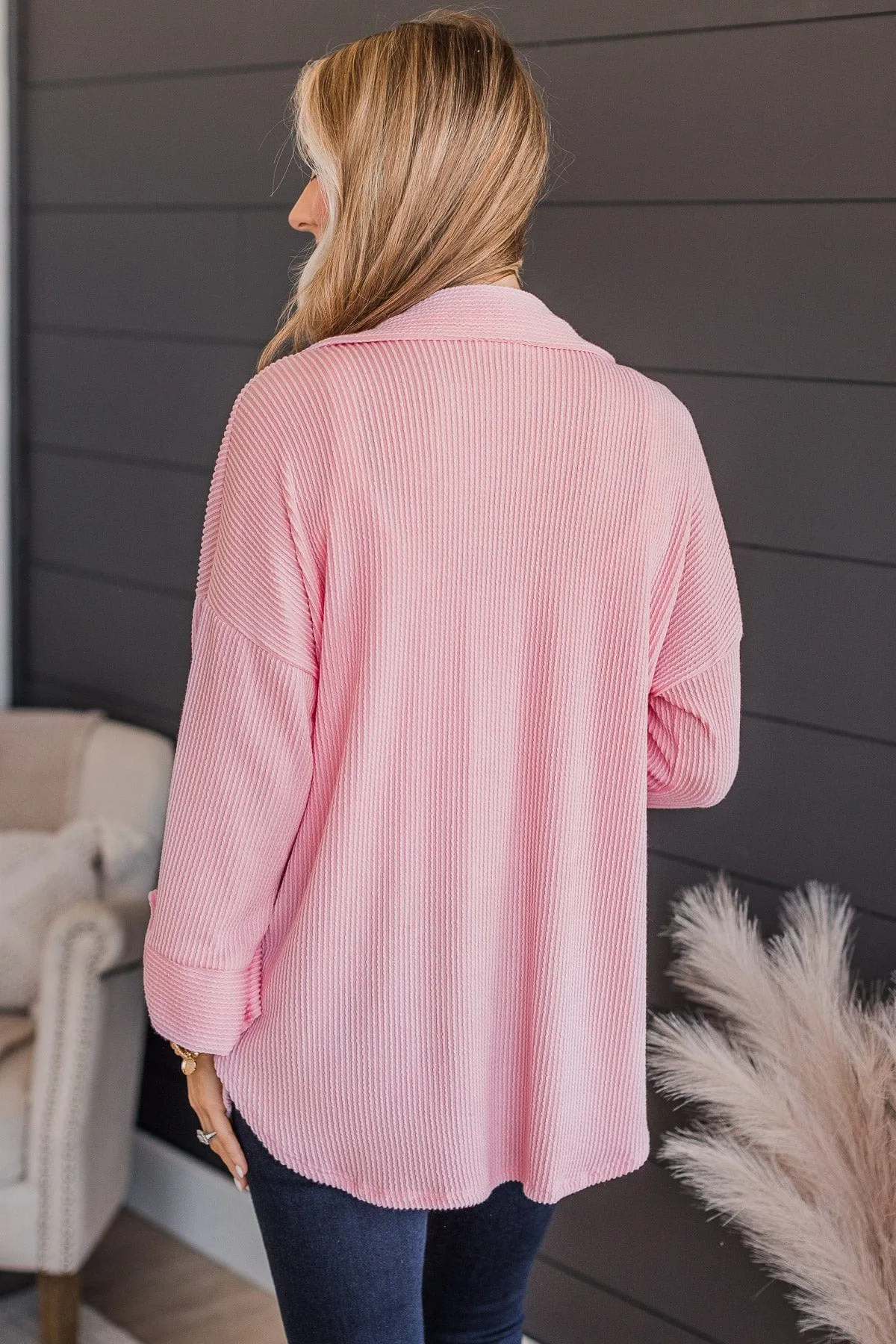 Feeling Bold Ribbed Knit Shirt Jacket- Pink