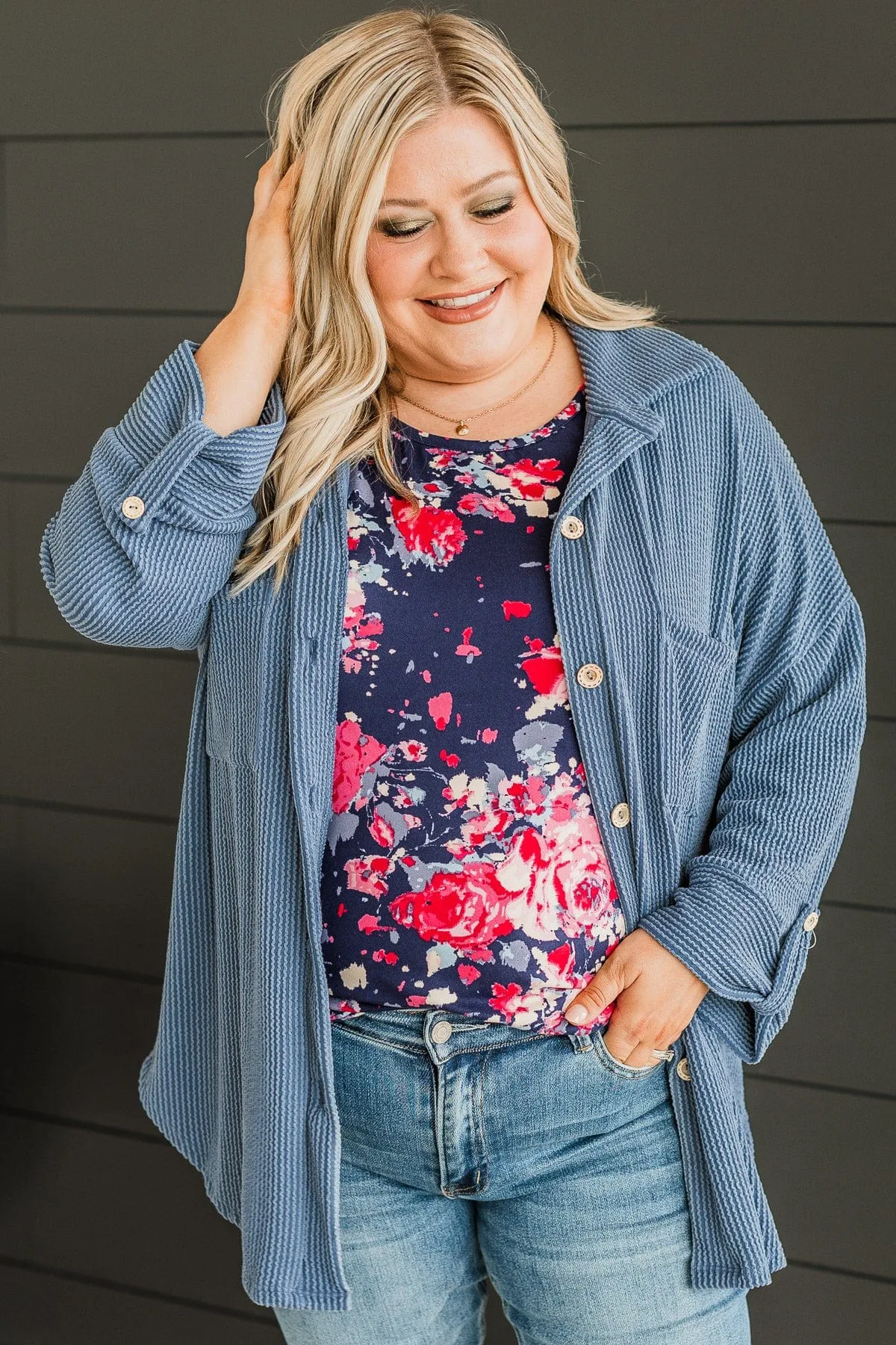 Feeling Bold Ribbed Shirt Jacket- Dusty Blue