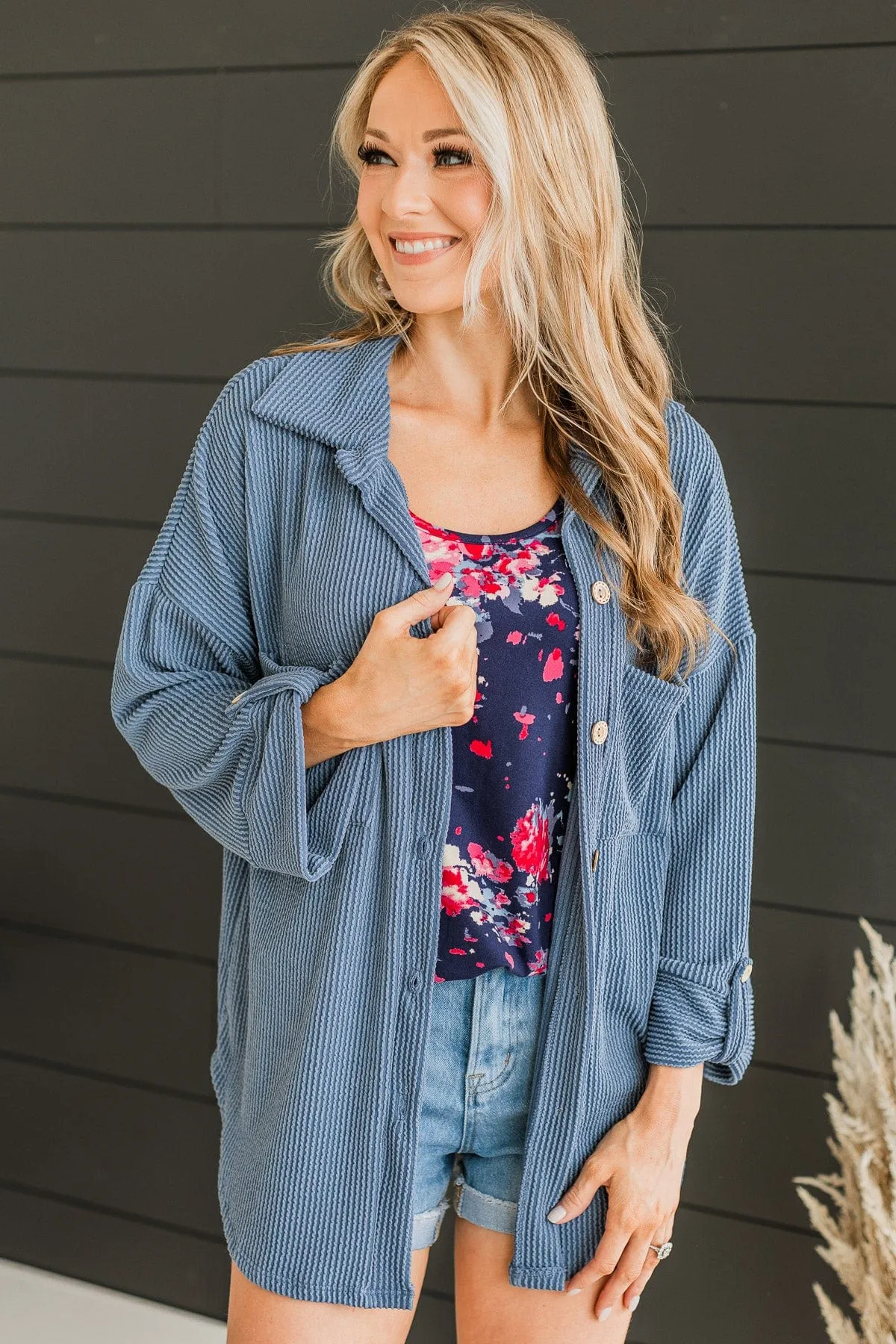 Feeling Bold Ribbed Shirt Jacket- Dusty Blue