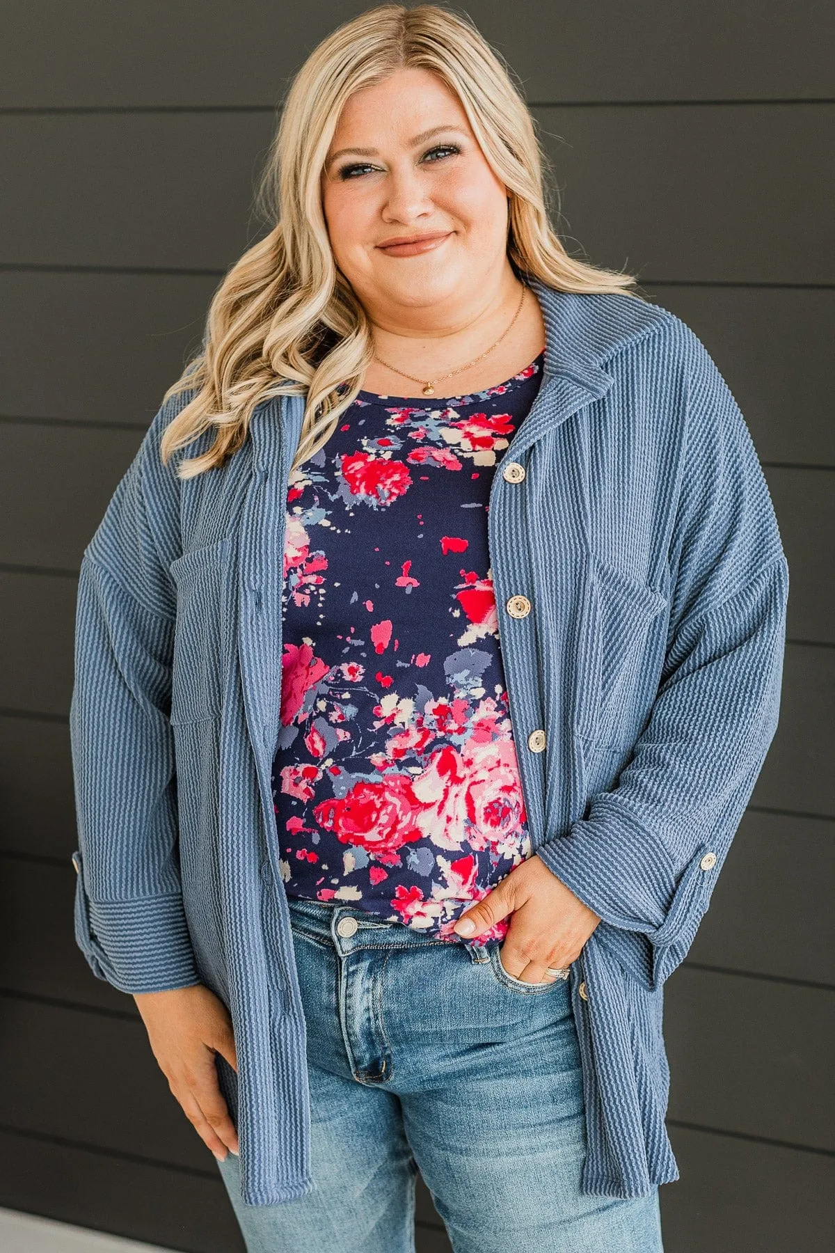 Feeling Bold Ribbed Shirt Jacket- Dusty Blue