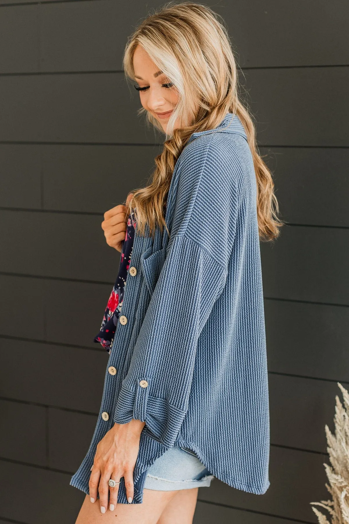 Feeling Bold Ribbed Shirt Jacket- Dusty Blue