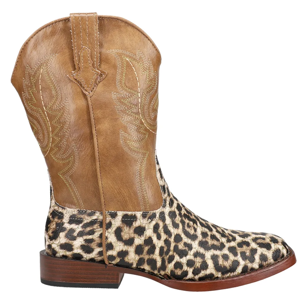 Glitter Leopard Square Toe Cowboy Boots (Big Kid)