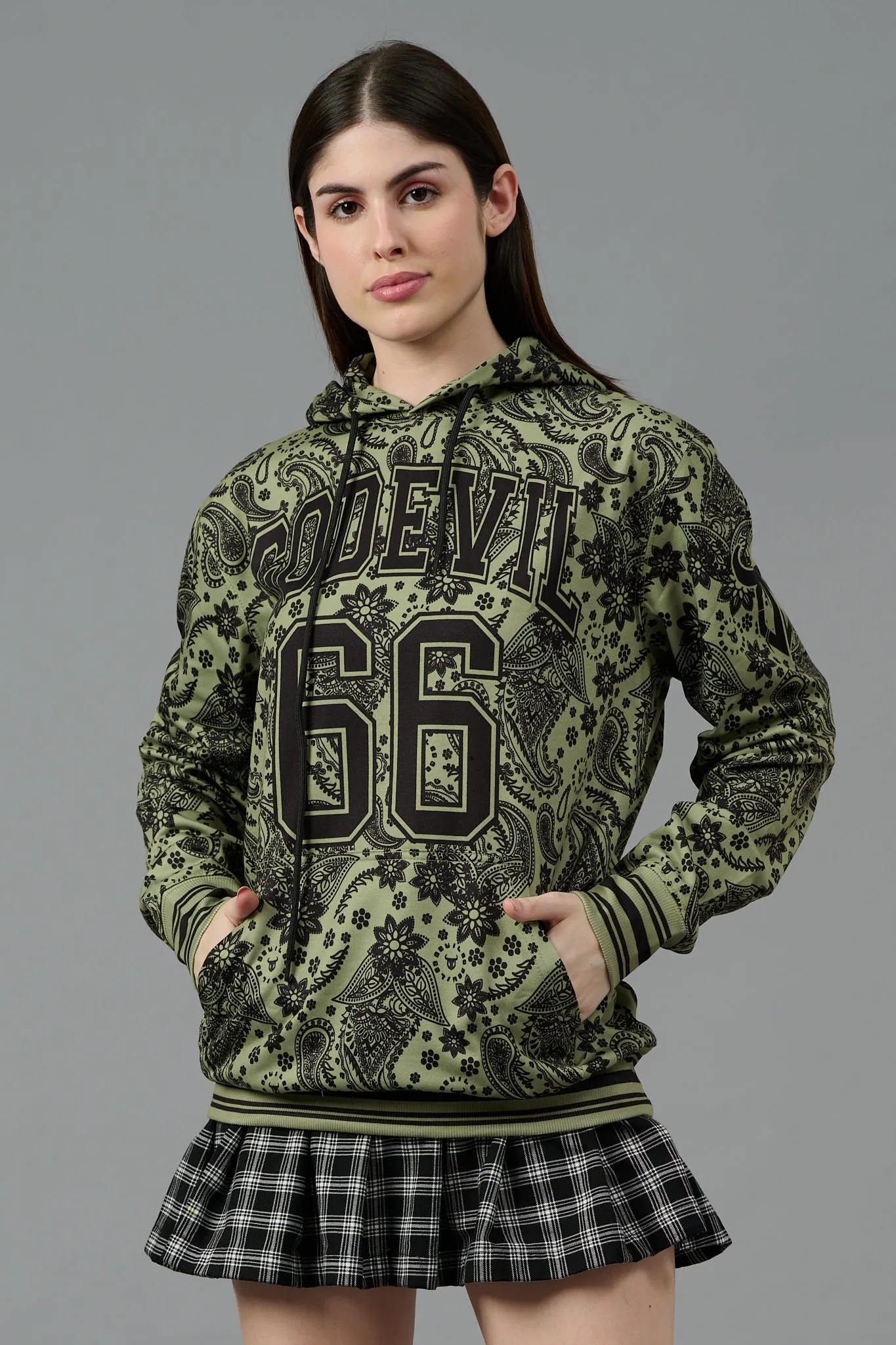 Go Devil 66 & Paisley Design Printed Green Hoodie for Women